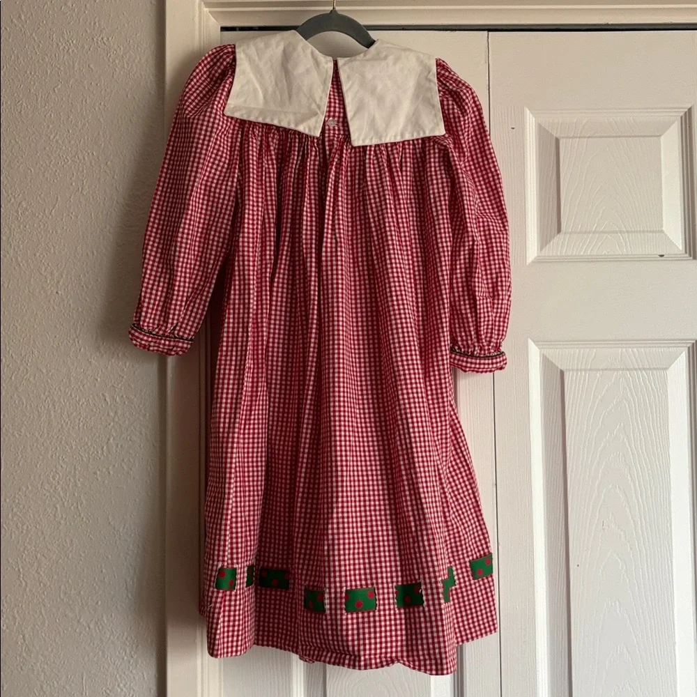 Vintage Christmas Peaches n Cream Red Gingham Polka Dot Ribbon Prairie Dress